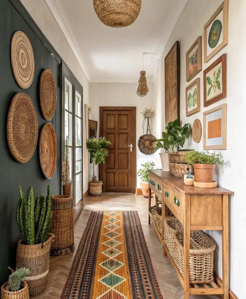 Woven Wall Baskets on Charcoal Shiplap with Long Wooden Console Table and Earthy Geometric Runner