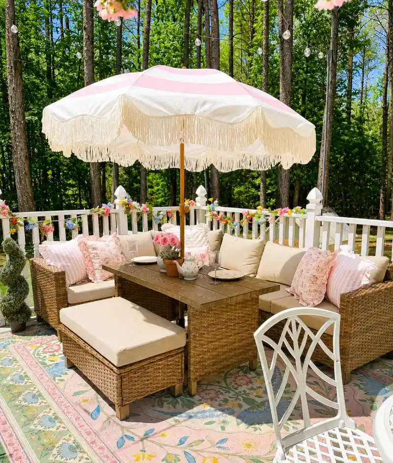 Woven Wicker Sectional with Pink Fringed Umbrella and Vintage Floral Rug