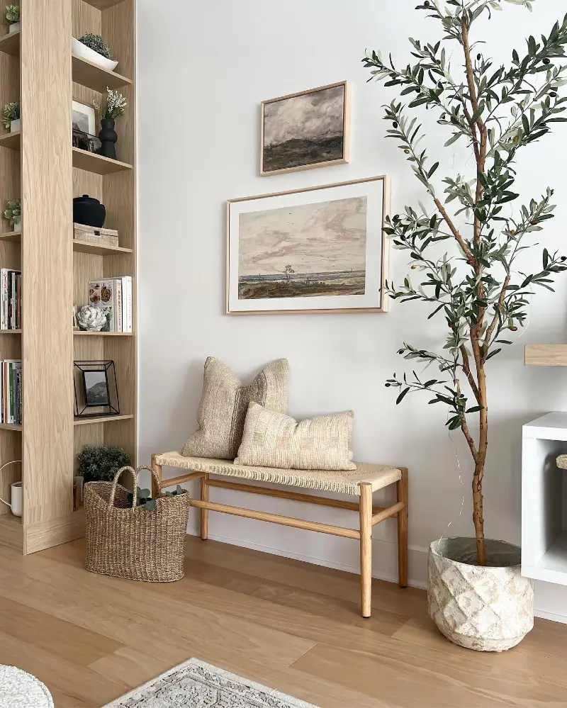Woven rope bench with stacked landscape prints and tall potted olive tree