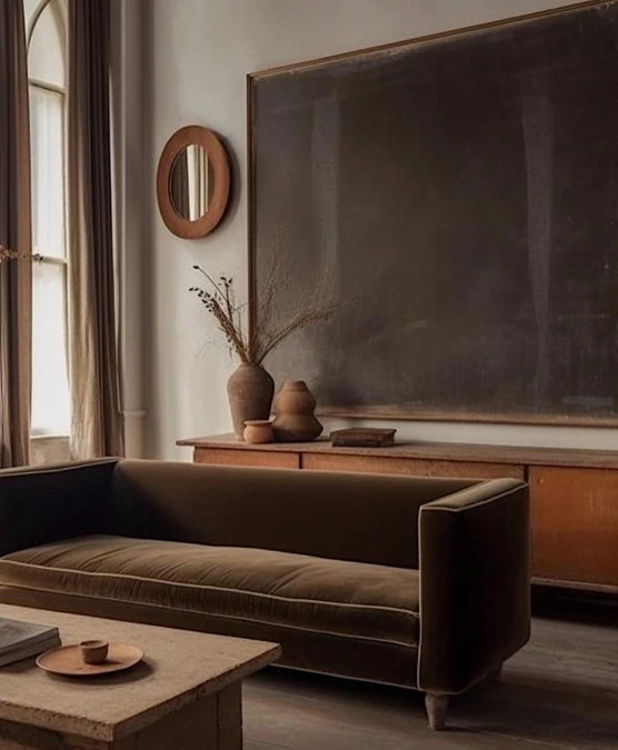Contrast Piping Defines Velvet Seating Against Moody Art