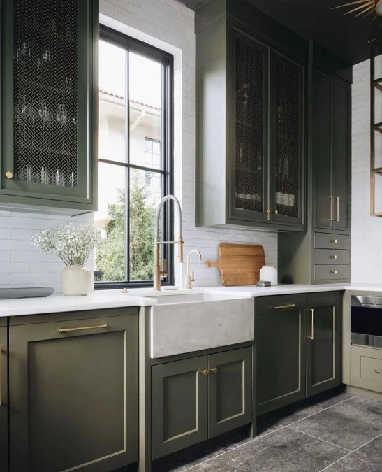 Olive Green Cabinets With Wire Mesh Inserts