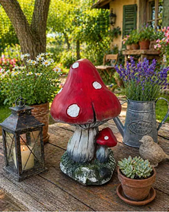 Rustic Garden Mushroom Statue Setup