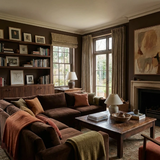 Warm Rust Tones Energize Dark Brown Built-Ins