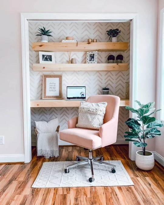 Chevron Wallpaper Closet Warms Up With a Blush Pink Chair