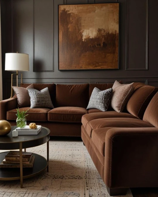 Velvet Sectional Against Dark Paneling