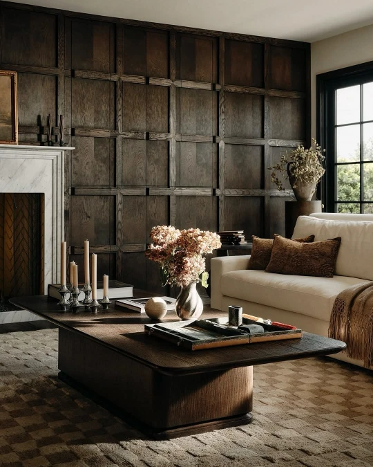 Crisp White Seating Against Espresso Wood Paneling