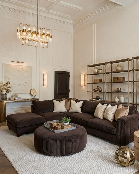 Chocolate Corduroy Sectional Against Grand Cream Paneling