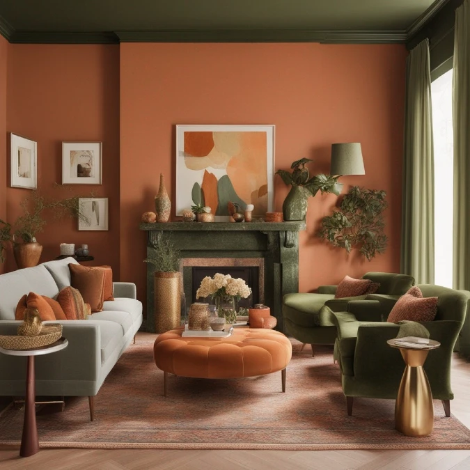 Terracotta Walls With Deep Green Fireplace