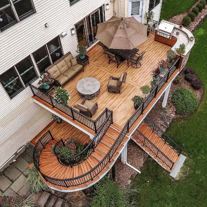 Multi Level Wood Decks And Curved Stairs