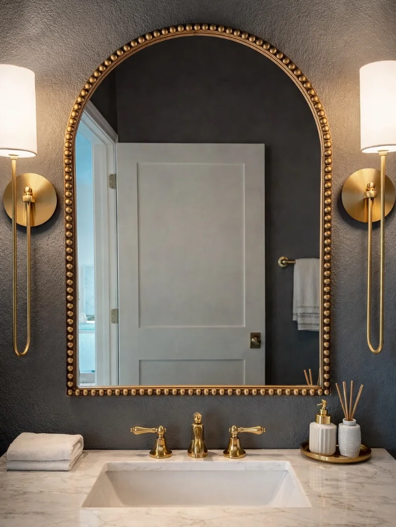 Arched Beaded Brass Mirror with Matching Sconces