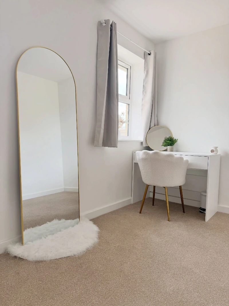 Arched Floor Mirror with Compact Vanity Desk and Bouclรฉ Chair