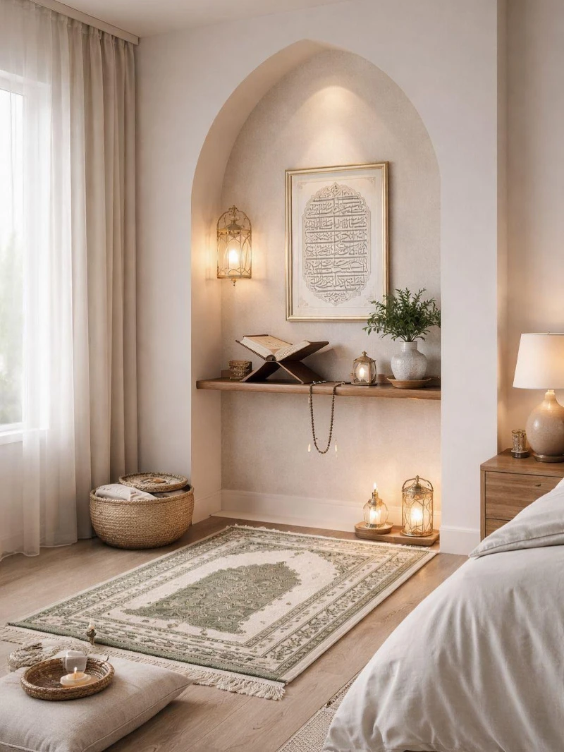 Arched Prayer Nook with Floating Wood Shelf and Lantern Light