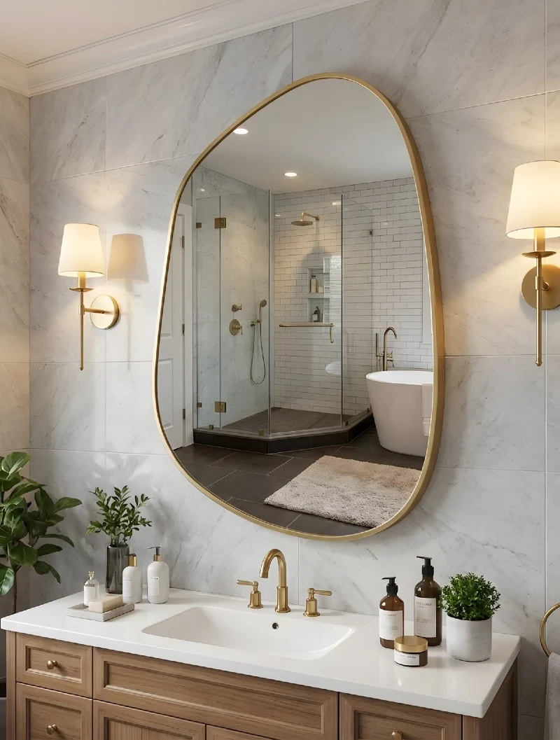 Asymmetric Organic Gold-Rimmed Mirror Above Marble Tile
