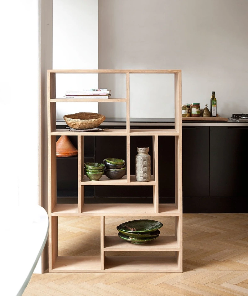 Asymmetrical Light Oak Cubby Divider with Ceramic Bowls