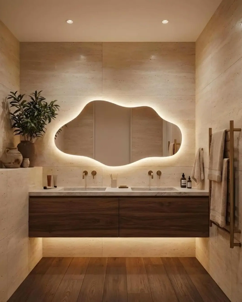 Backlit Cloud-Shaped Mirror above a Double Vanity