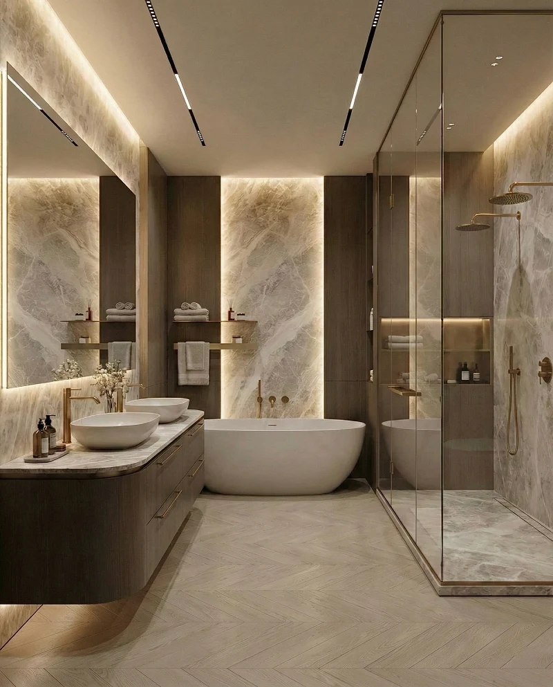 Backlit Marble Accent Wall with Floating Wood Vanity