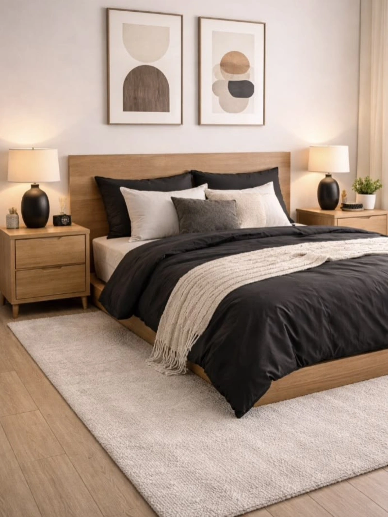 Black Bedding with White Pillows and a Cream Fringed Throw