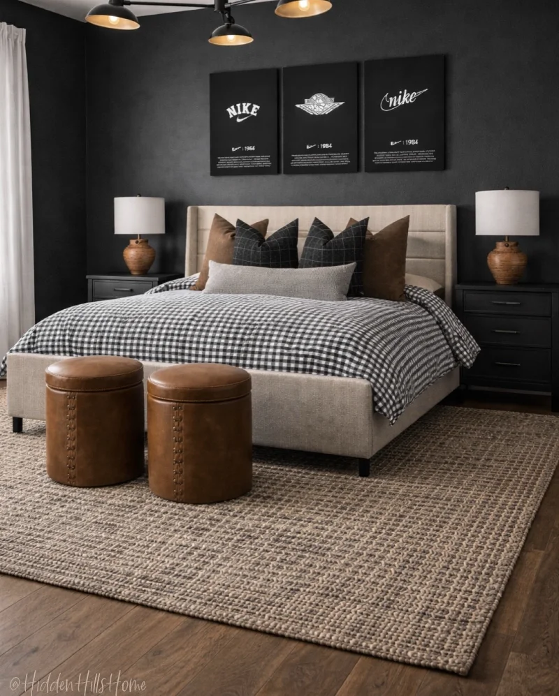 Black Gingham Bedding with Camel Pillows and Grid Pattern Cushions