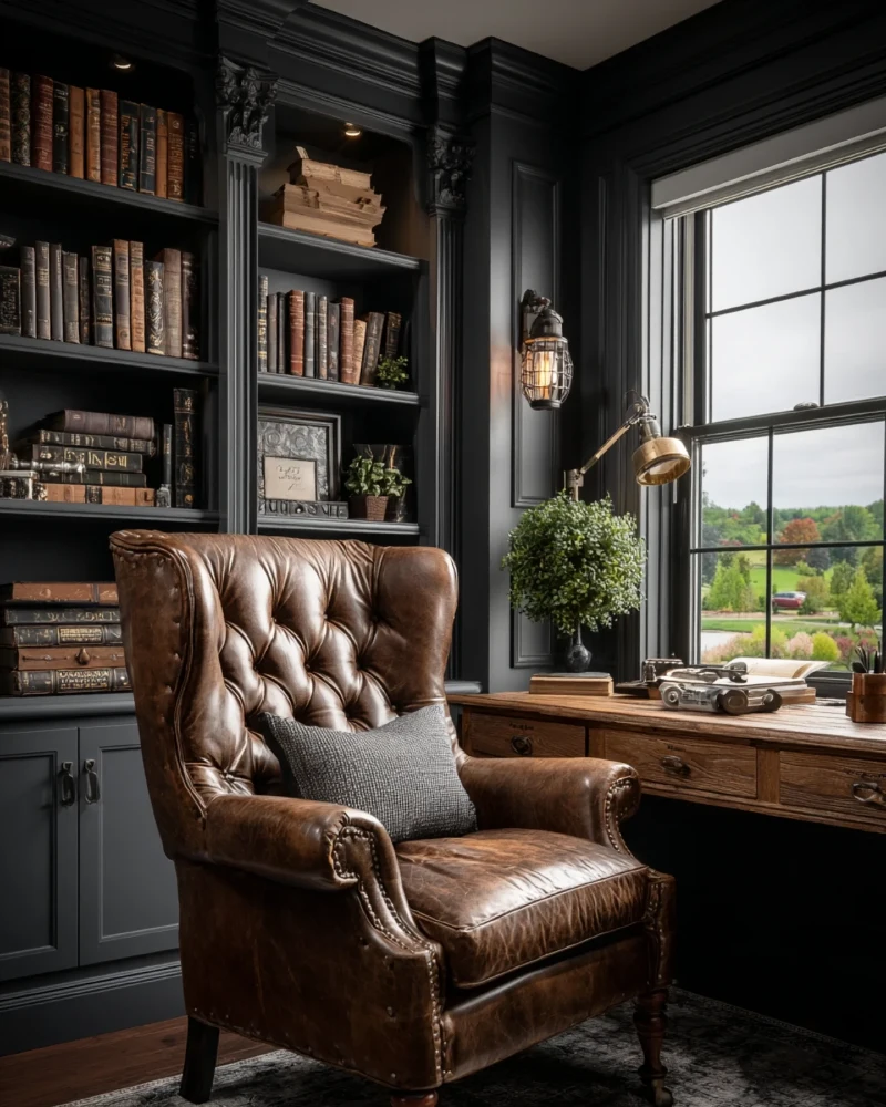 Black Library Wall with Tufted Leather Reading Chair and Window Desk