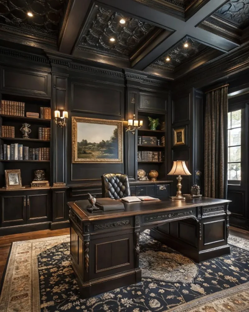 Black Paneled Library with Carved Desk and Coffered Ceiling