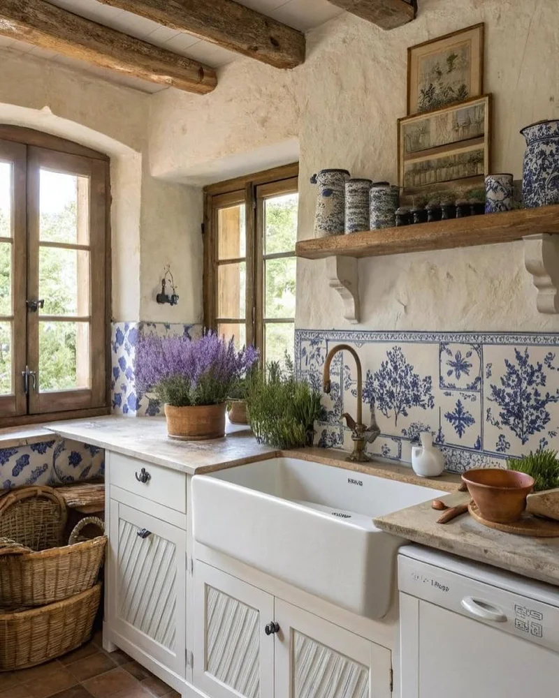 Blue Botanical Tile Backsplash with Rustic Beams and Farmhouse Sink