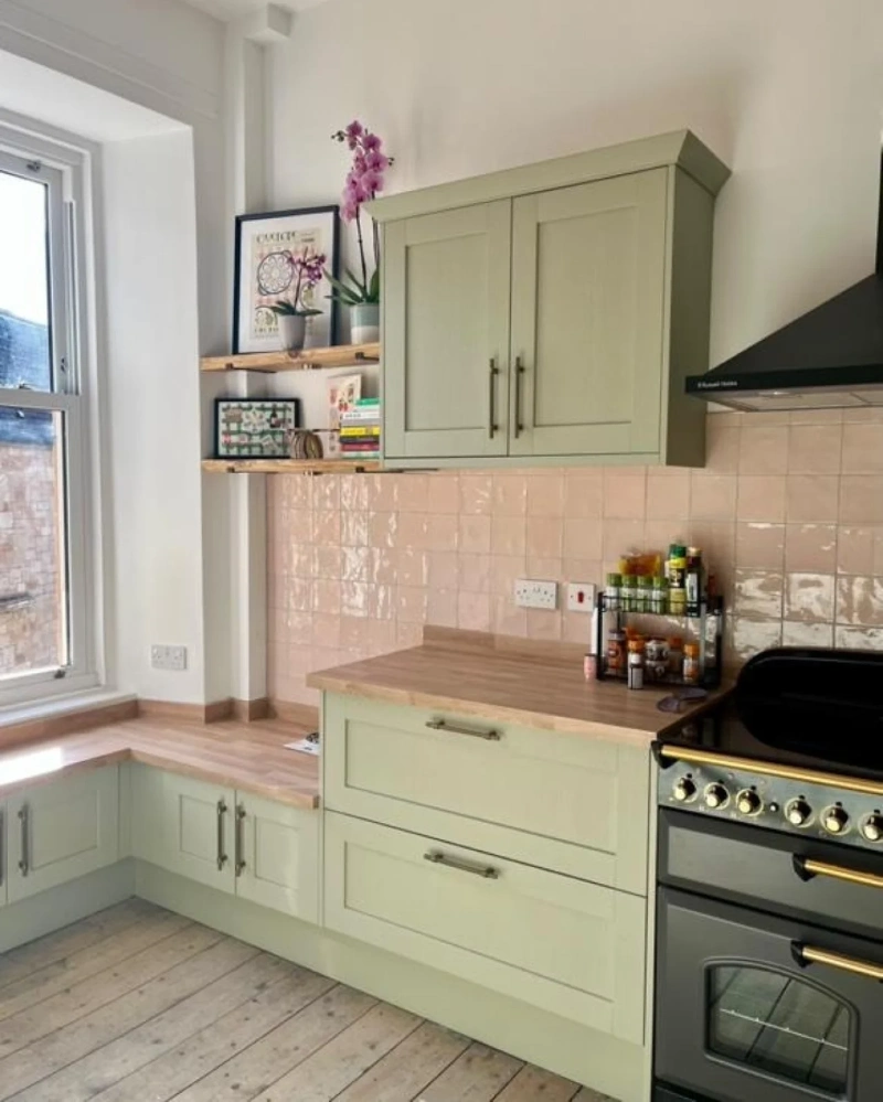 Blush Pink Glazed Square Tile with Sage Green Cabinets