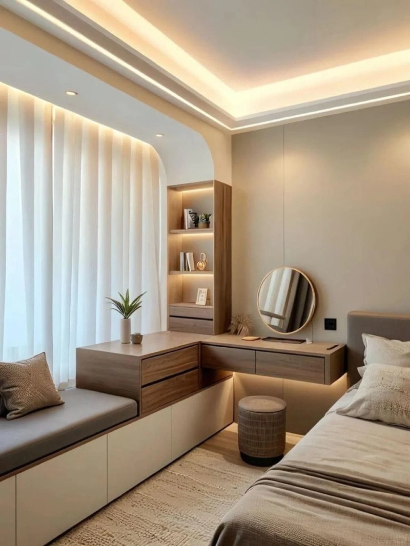 Built In Window Bench with Corner Vanity and Illuminated Shelves