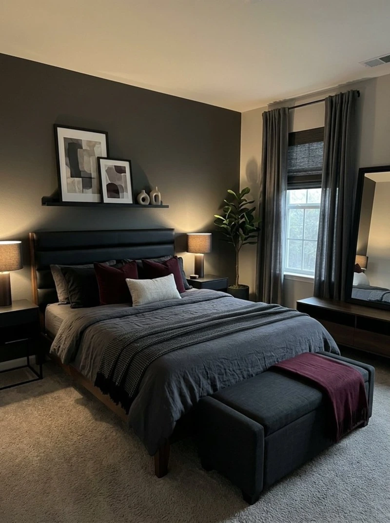Charcoal Gray Bedding with Burgundy Velvet Pillows and Black Woven Throw