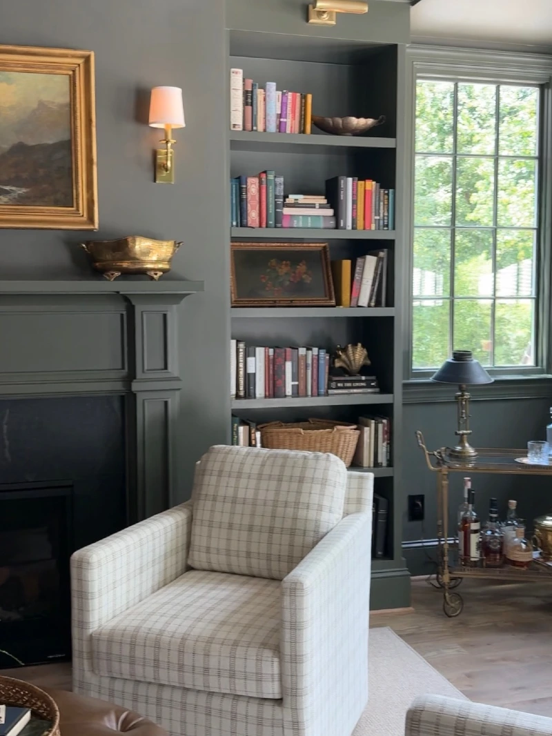 Charcoal Library Corner with Plaid Chair and Brass Bar Cart