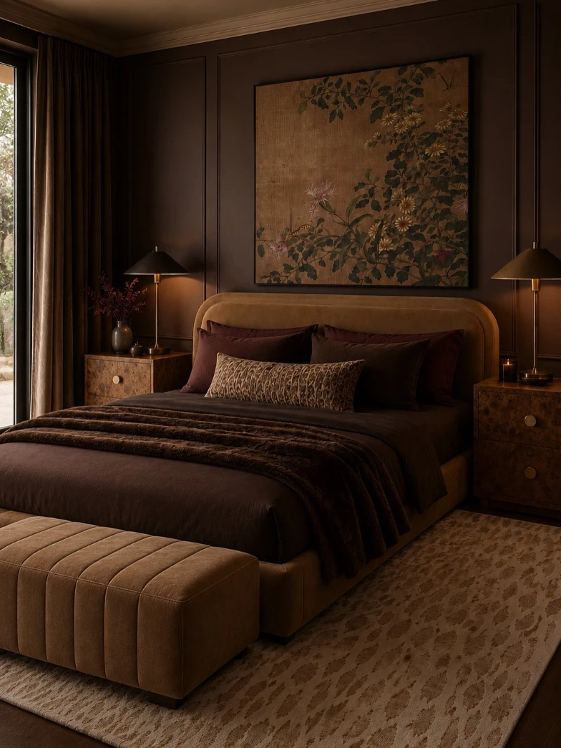 Chocolate Brown Bedding with Burgundy Pillows and a Textured Throw