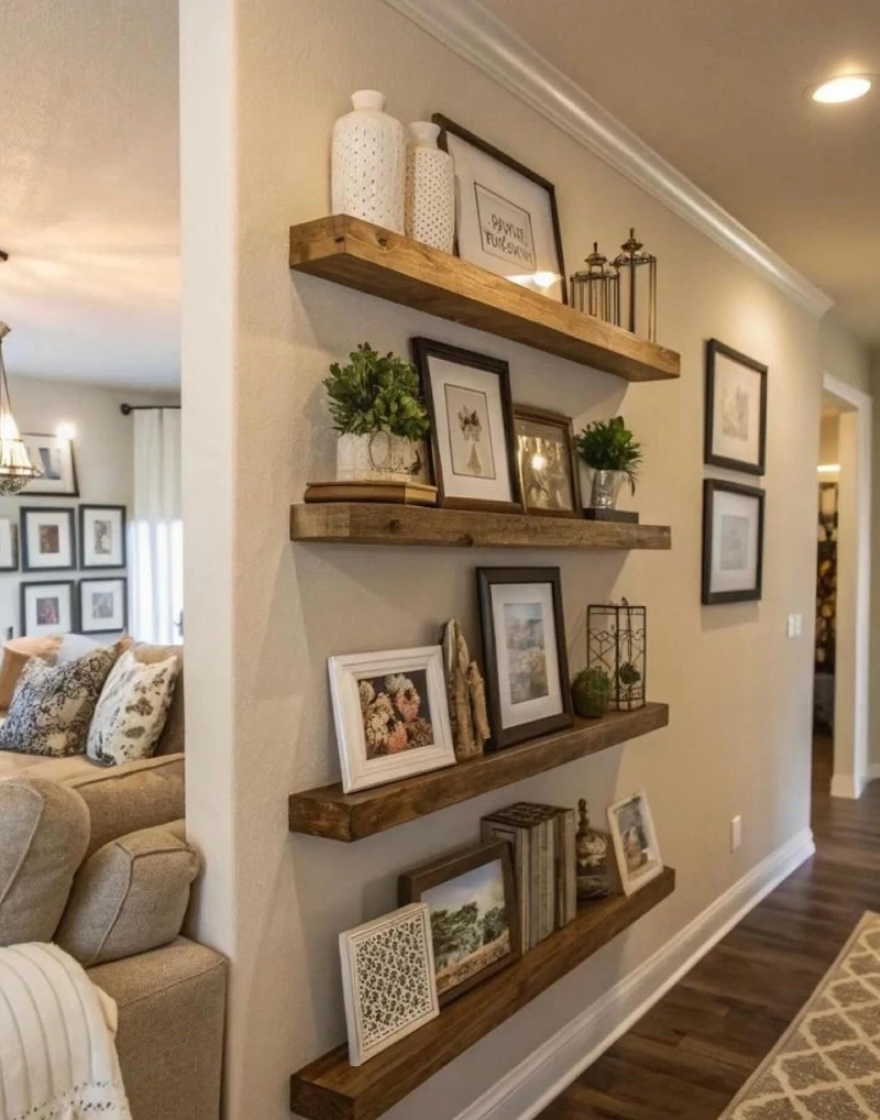 Chunky Rustic Wood Shelves with Layered Frames and Ceramic Vases
