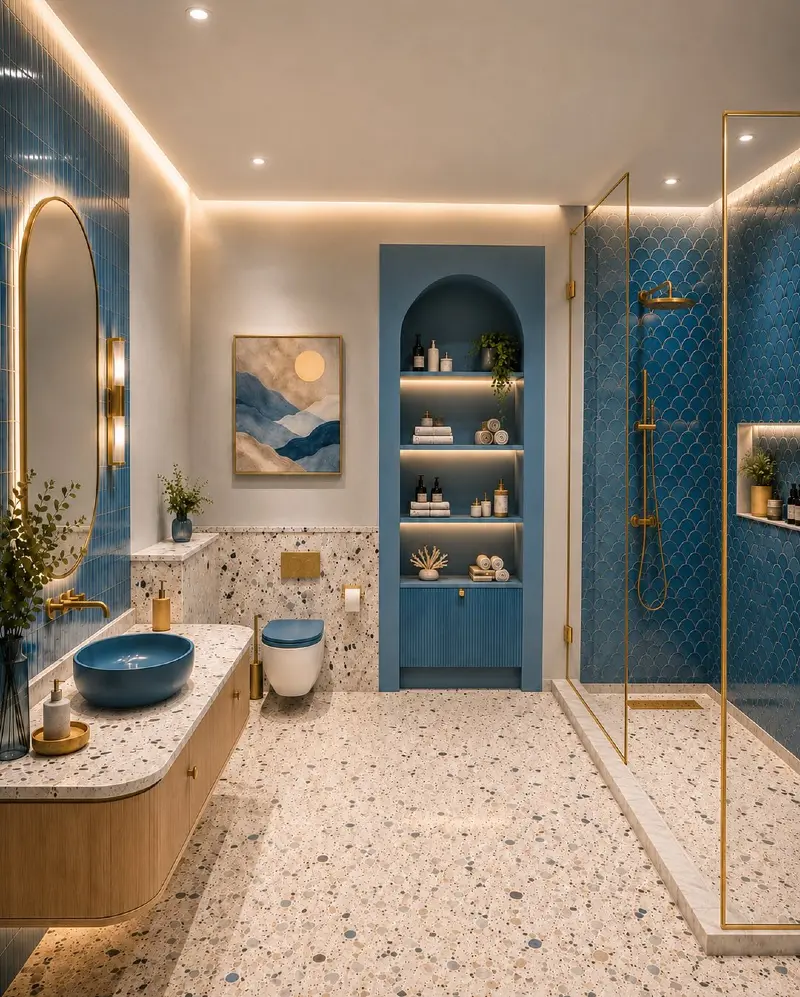 Cobalt Blue Scale Tiles with Terrazzo Flooring and Arched Built-in Shelves