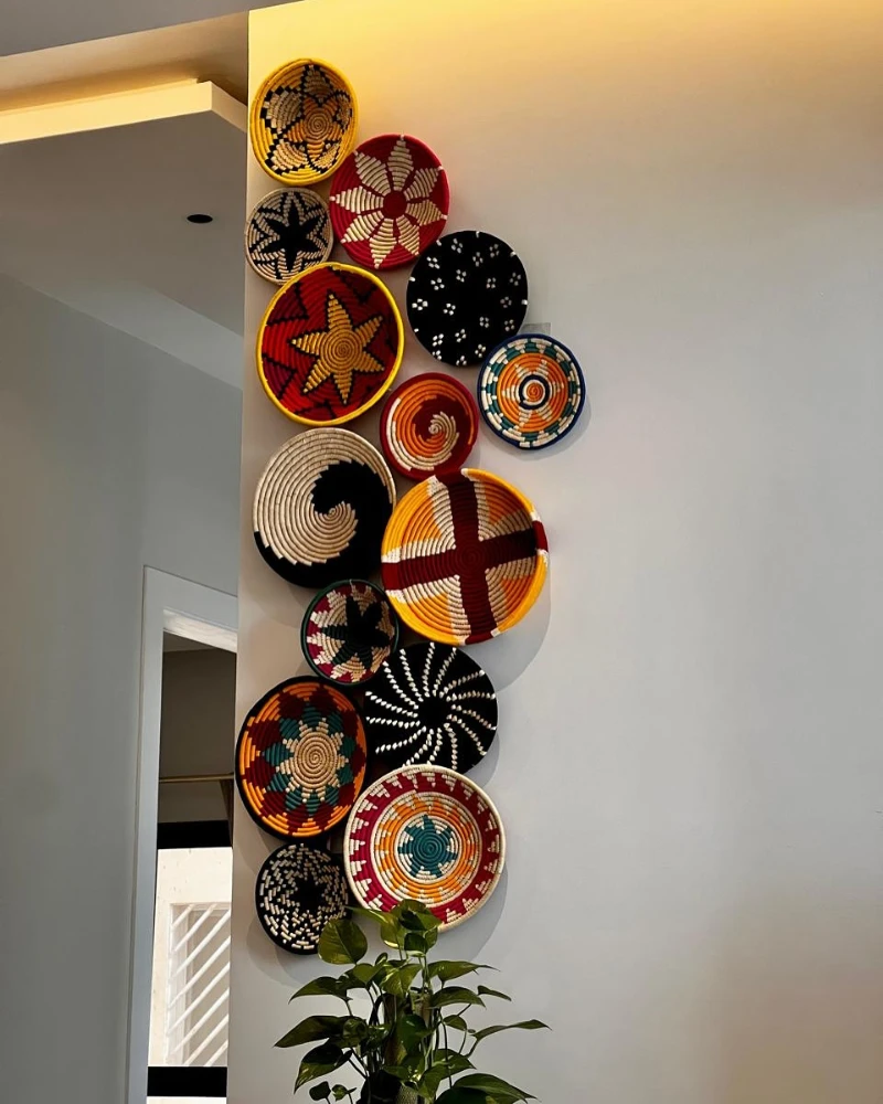 Colorful Woven Wall Baskets Arranged in a Gallery Cluster