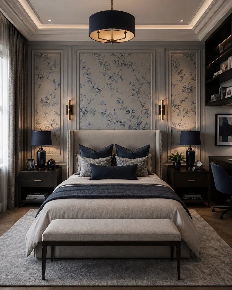 Cream Bedding with Navy Quilted Throw and Patterned Accent Pillows
