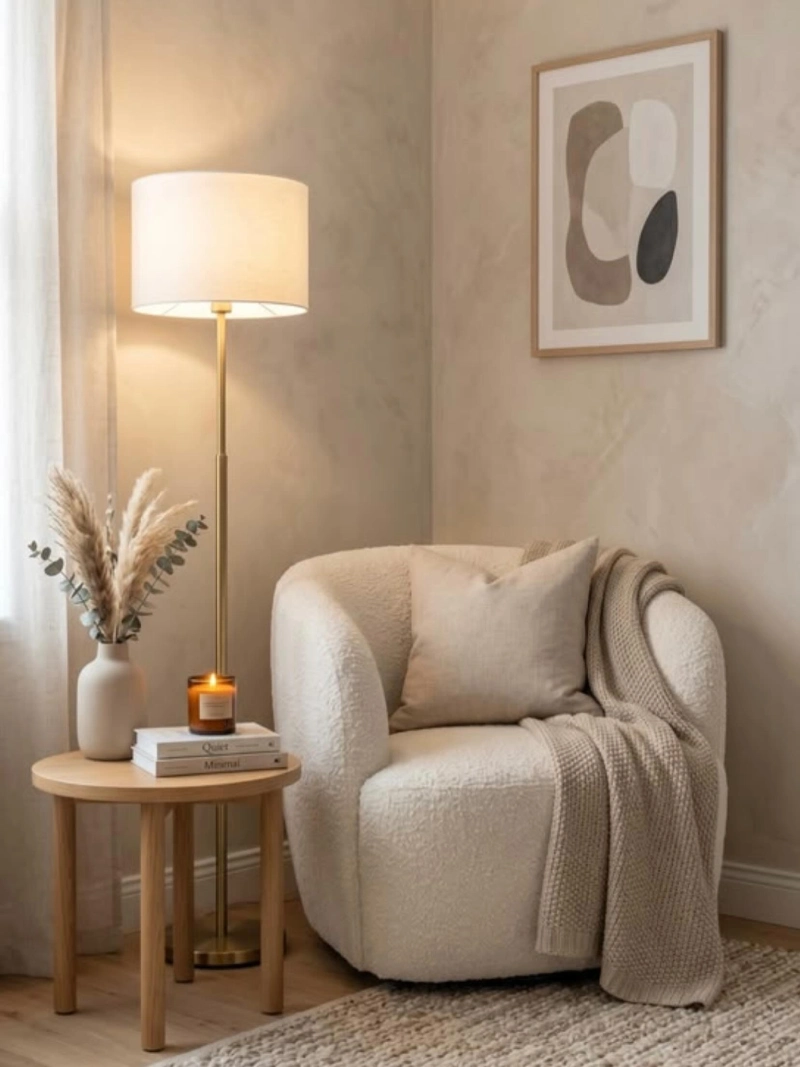 Cream Bouclรฉ Chair with Brass Floor Lamp and Round Wood Table