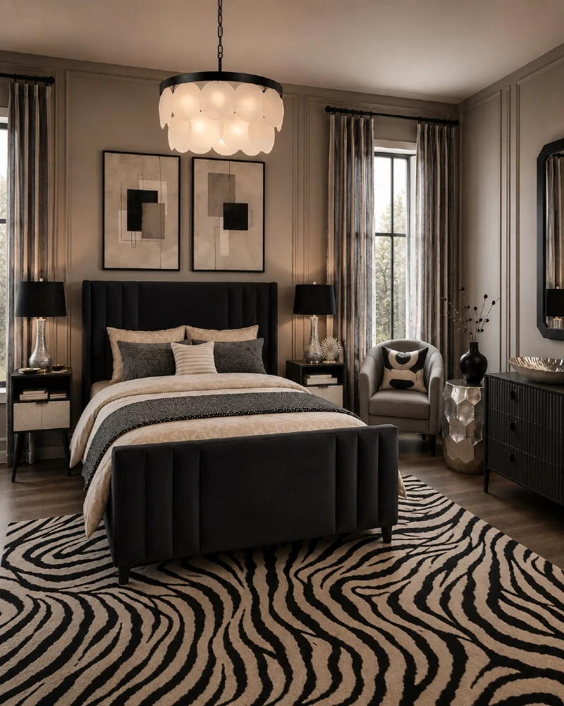 Cream Patterned Bedding with Charcoal Throw and Black Upholstered Bed