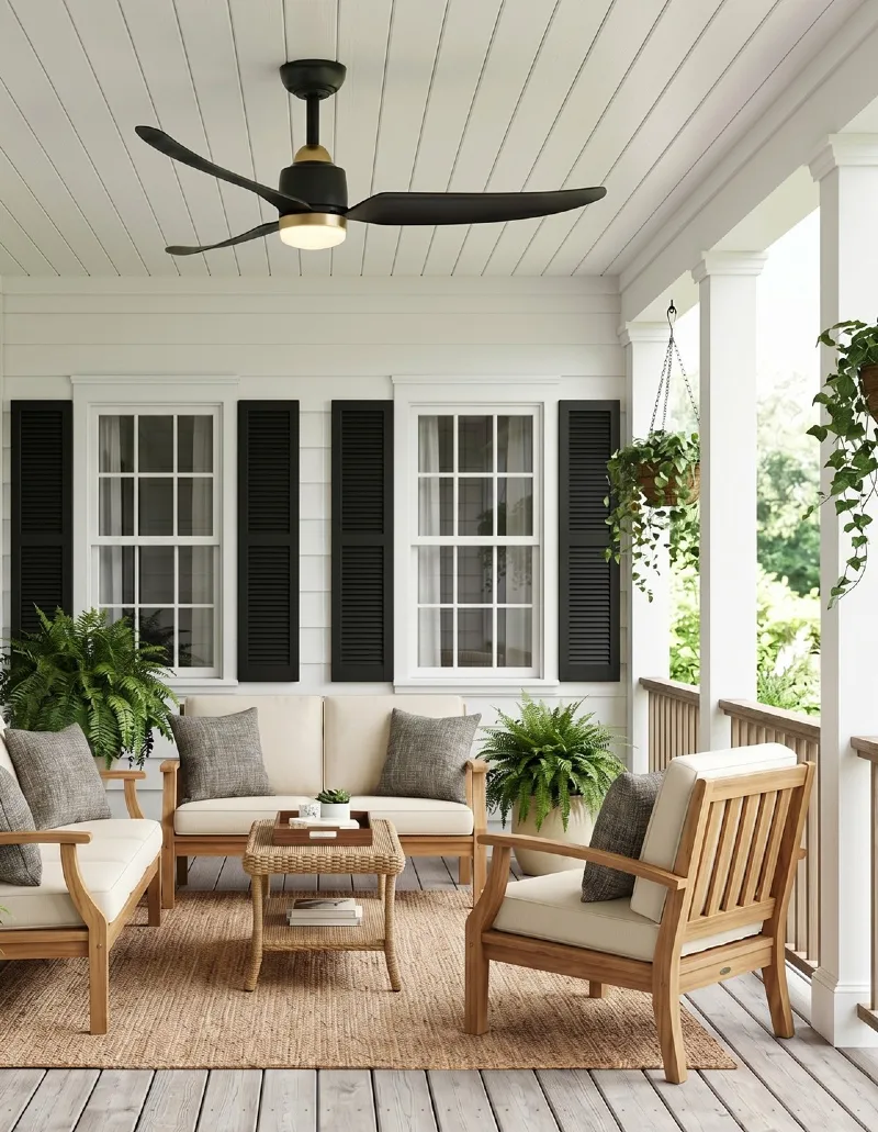 Crisp White Beadboard Ceiling with Sleek Black Ceiling Fan