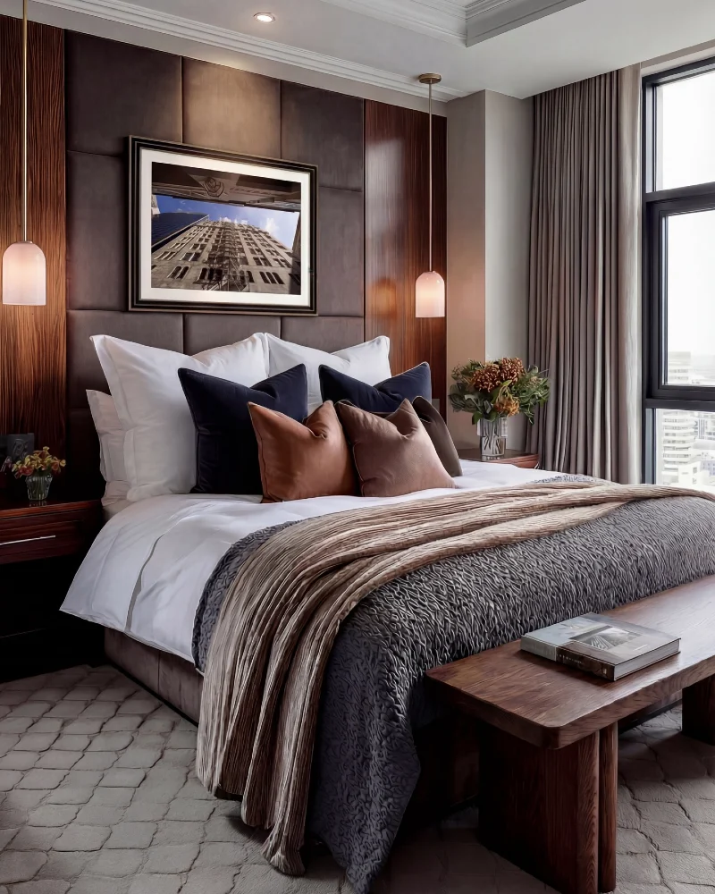 Crisp White Bedding with Navy Velvet Pillows and a Charcoal Textured Quilt