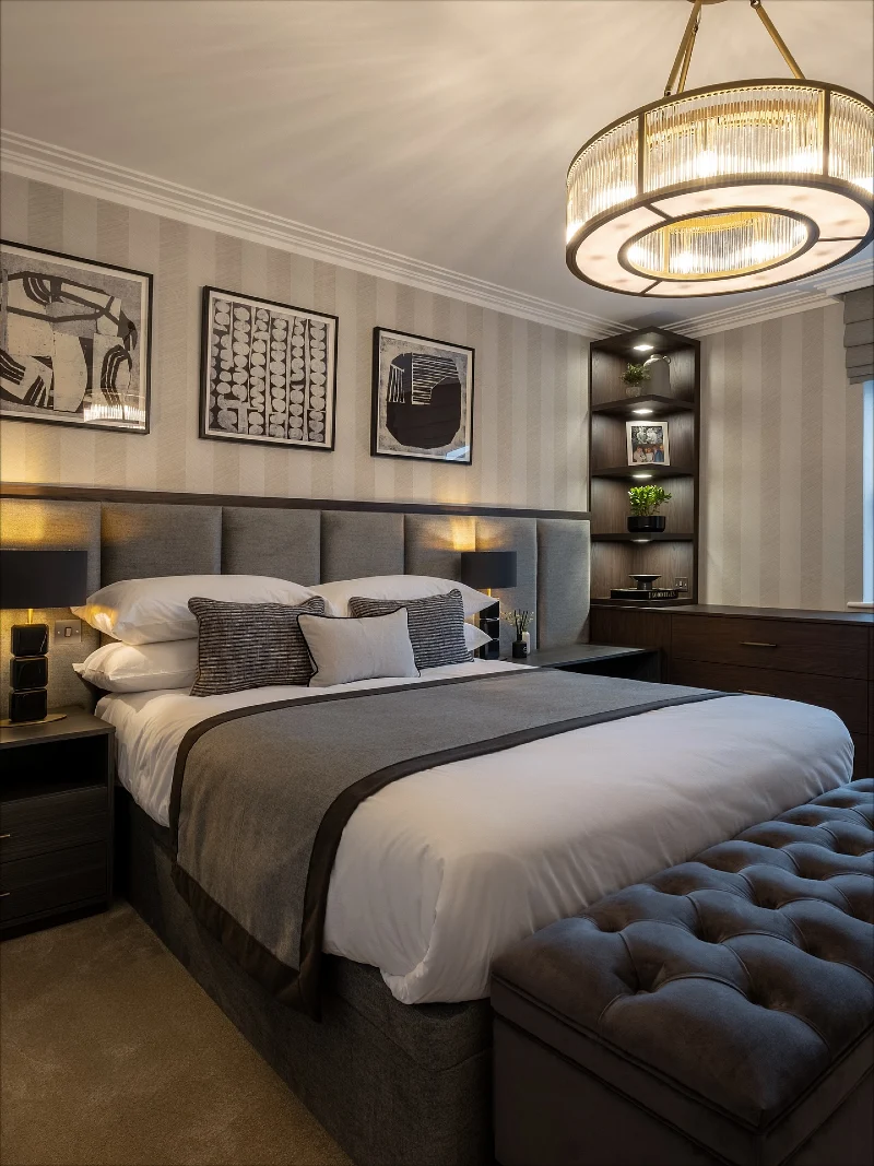 Crisp White Duvet with Tailored Gray Coverlet and Striped Pillows