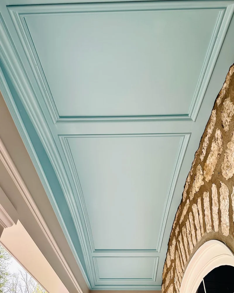 Custom Haint Blue Coffered Ceiling Next to Exposed Stone Wall
