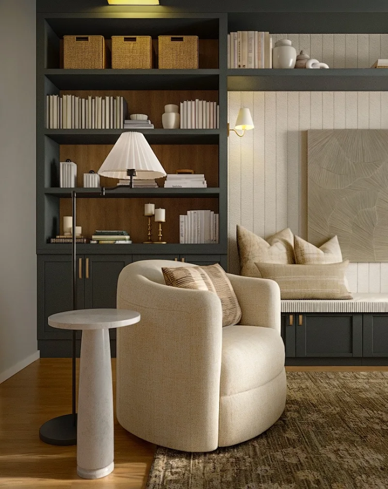 Dark Built In Library with Cream Reading Chair and Window Bench