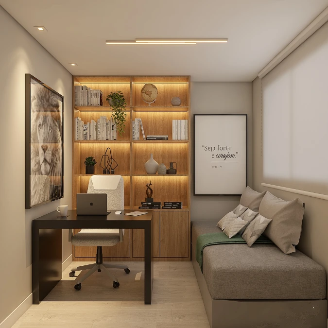 Dark Matte Desk Anchors Glowing Wood Shelves