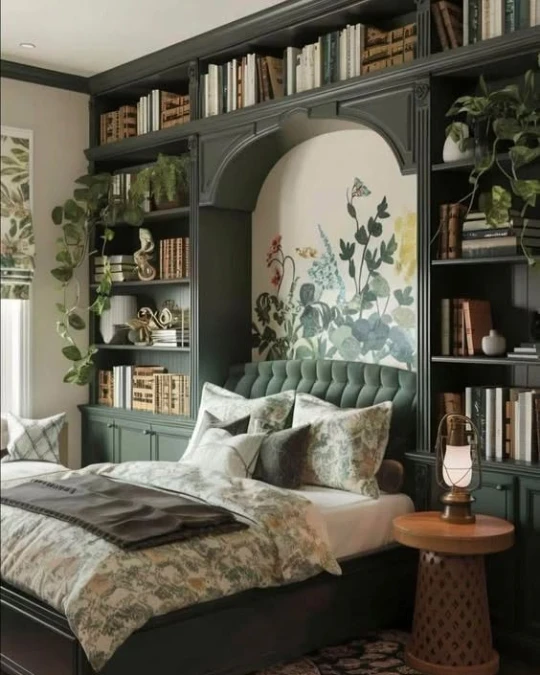 Dark Painted Bookcases and Arched Alcoves
