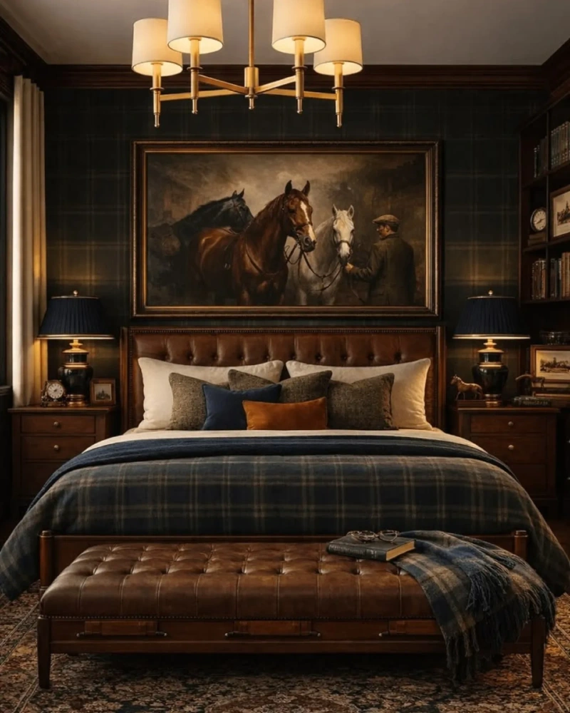 Dark Tartan Bedding with Tufted Leather Headboard and Navy Accents