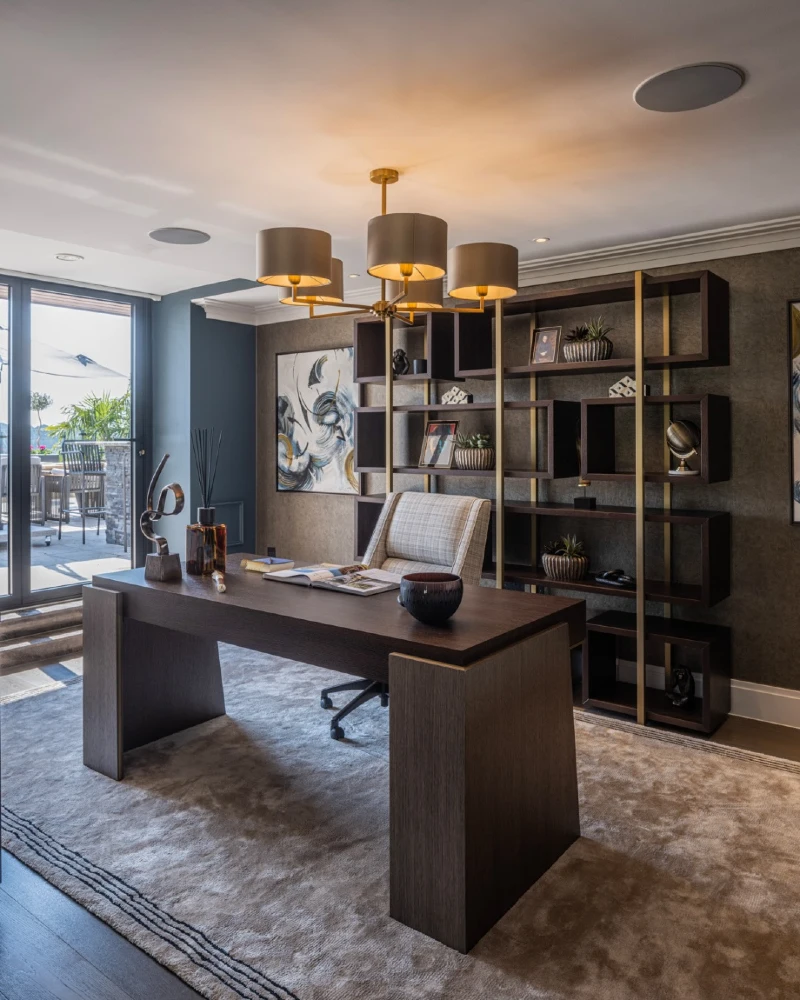 Dark Wood Desk with Geometric Shelving and Brass Lighting