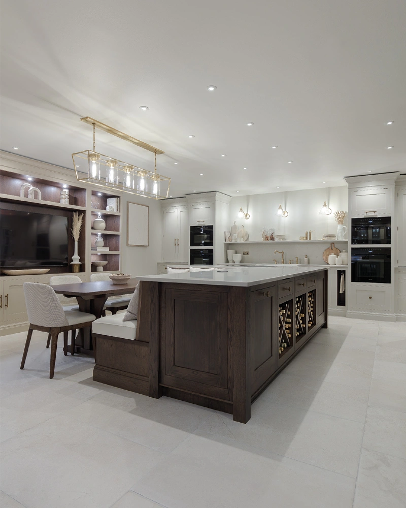 Dark Wood Island with Built In Wine Storage and Banquette Dining