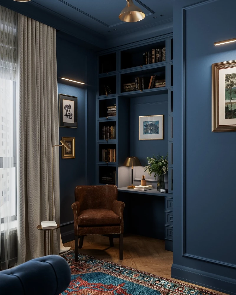 Deep Blue Study Nook with Leather Chair and Built In Desk