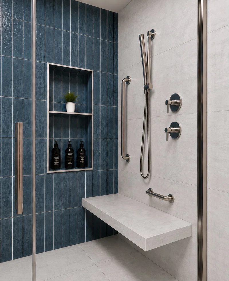 Deep Blue Vertical Subway Tile Shower with Floating Quartz Bench and Brushed Nickel Grab Bars