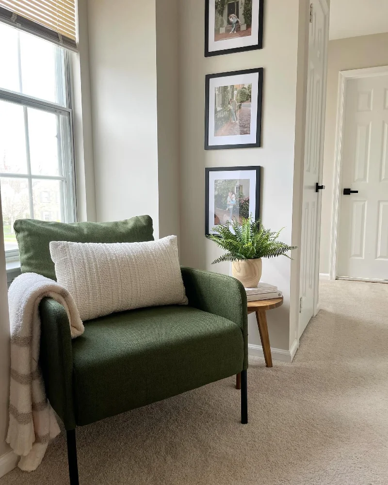 Deep Green Reading Chair with Framed Photo Wall