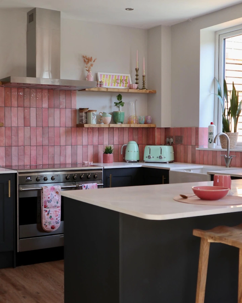 Dusty Pink Vertical Tile with Dark Cabinets and Mint Appliances